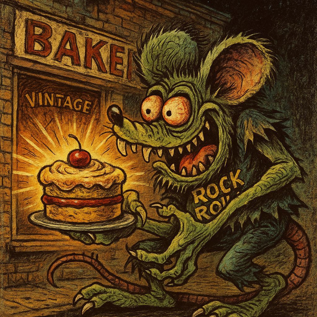 Ratfink Steals Space Cake: Vintage Cartoon Illustration