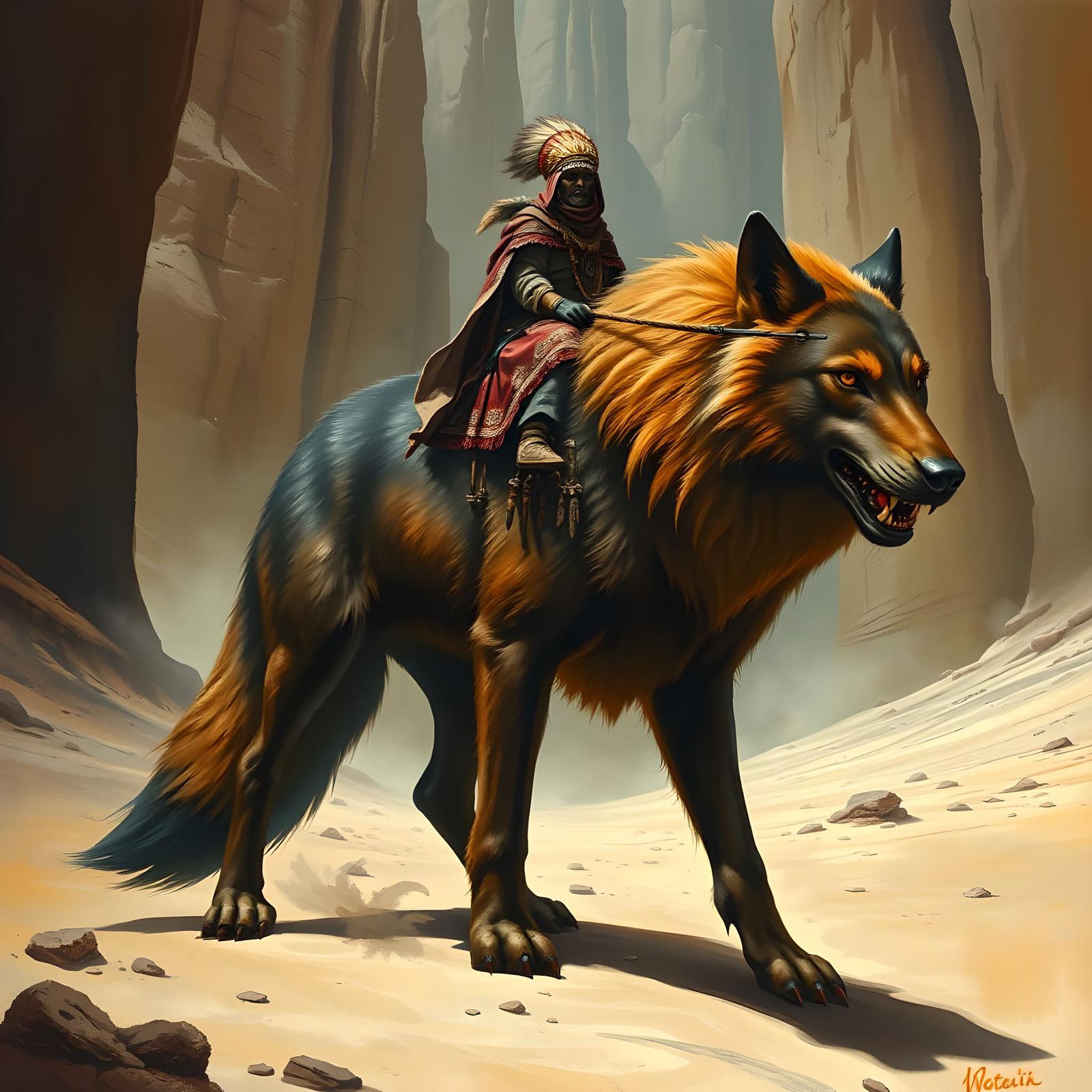 Colossal Spirit Wolf and Shaman in Desert Canyon