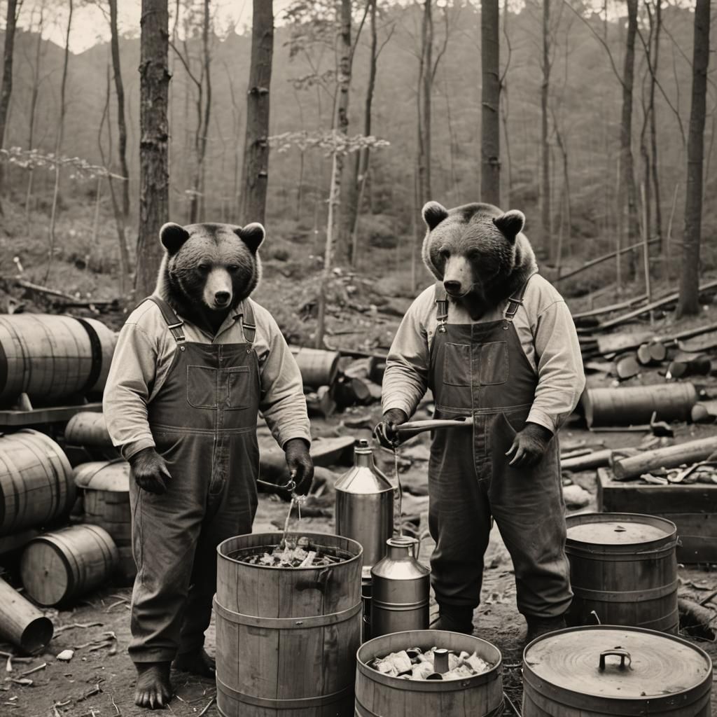 Bears Making Whiskey in Kentucky Mountains: Vintage Photo