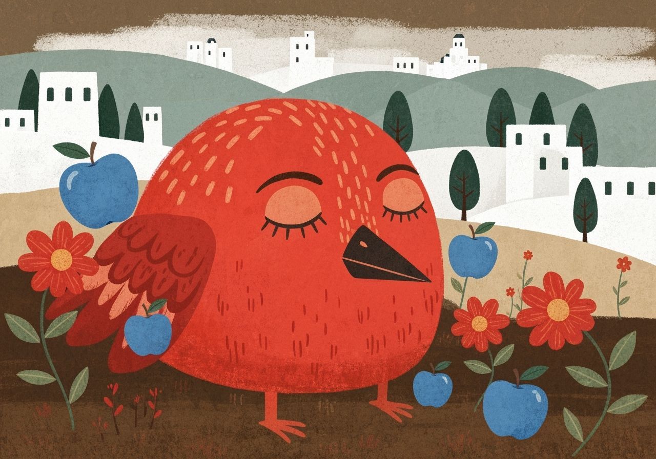 Whimsical Red Bird Creature in Folk-Art Style