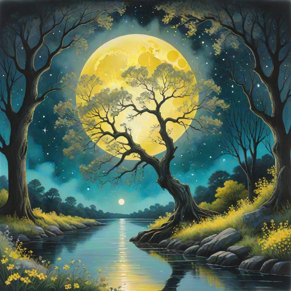 A Perfectly Round Moon Over a Twisted Oak Tree