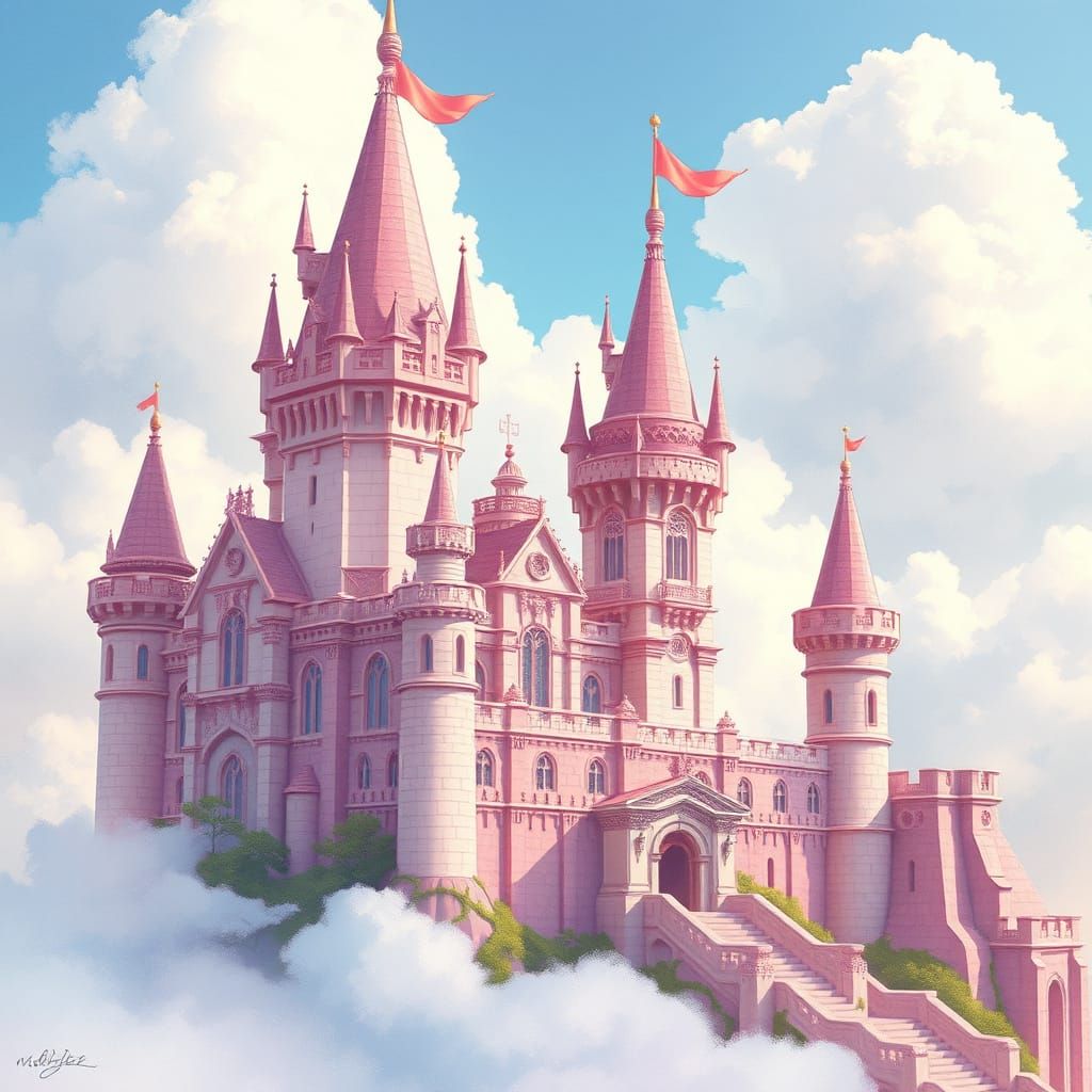 Whimsical Pink Castle Amidst Fluffy Clouds