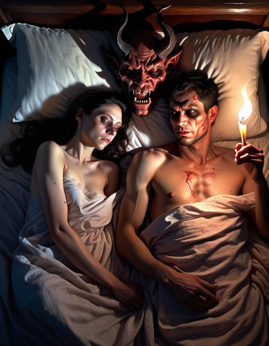 Renaissance Chiaroscuro: Woman and Demon in Candlelight