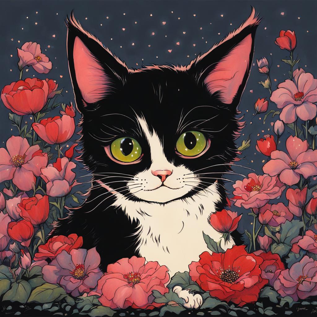 Cute Cat with Flowers, Jamie Hewlett Style