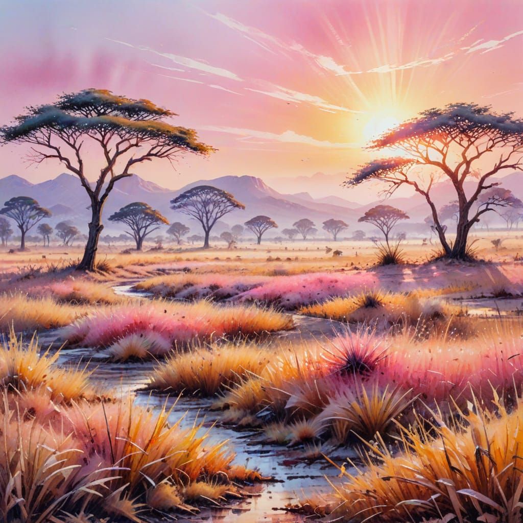 Frosty Savannah Dawn: Watercolour Gouache Impression