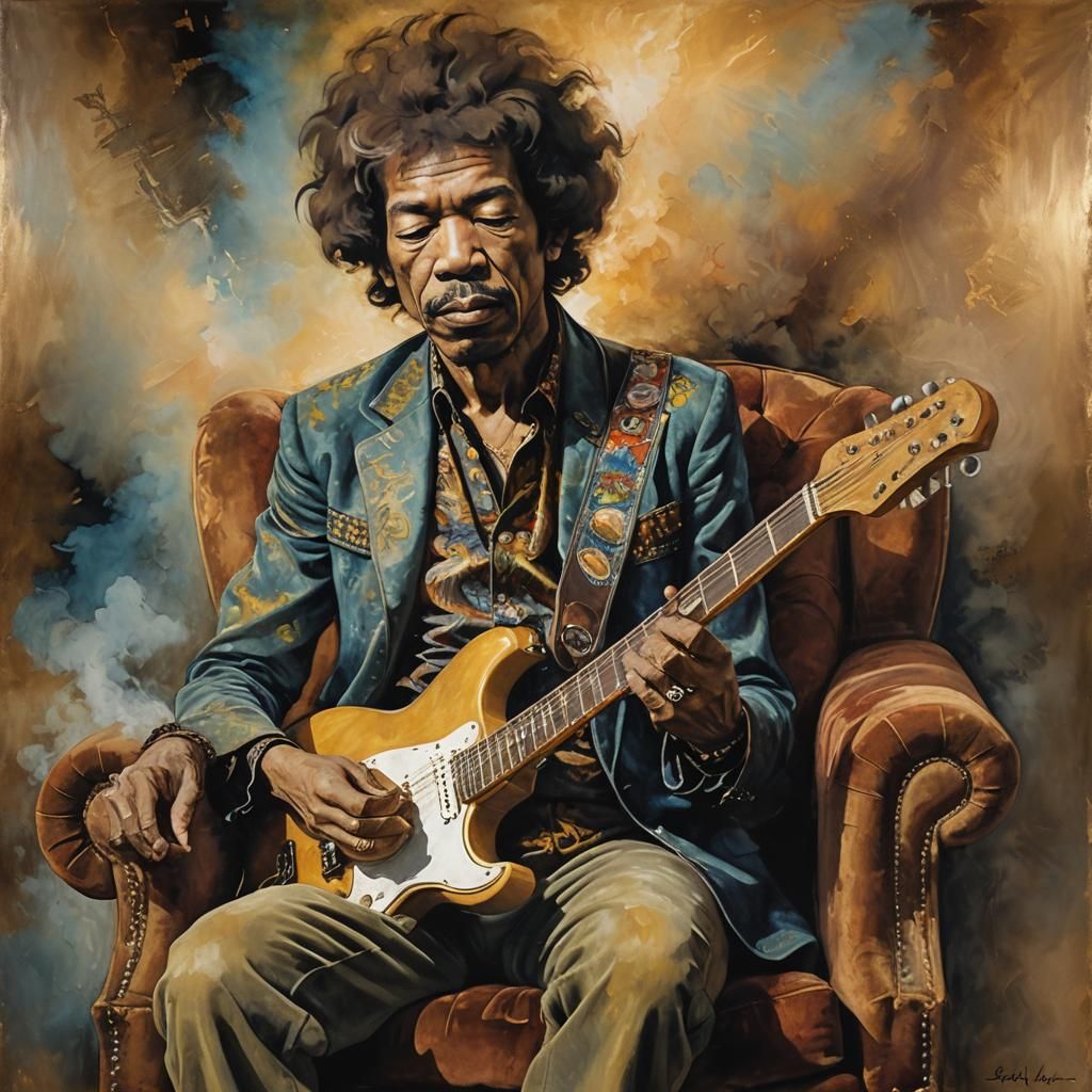 Jimi Hendrix as Elderly Guitarist: Surreal Oil Painting