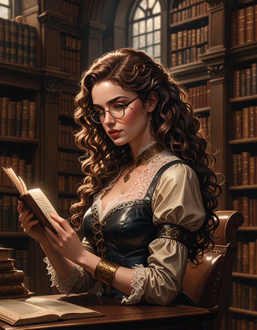 Elegant Woman in Grand Library, Hyper-Realistic Comic Book A...