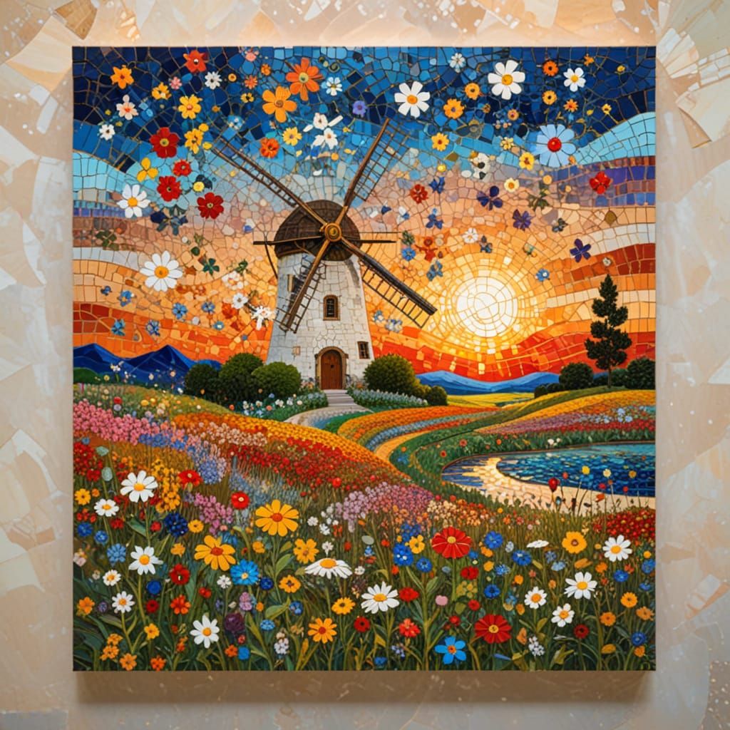 Wildflowers at Sunset Landscape with Mosaic Background