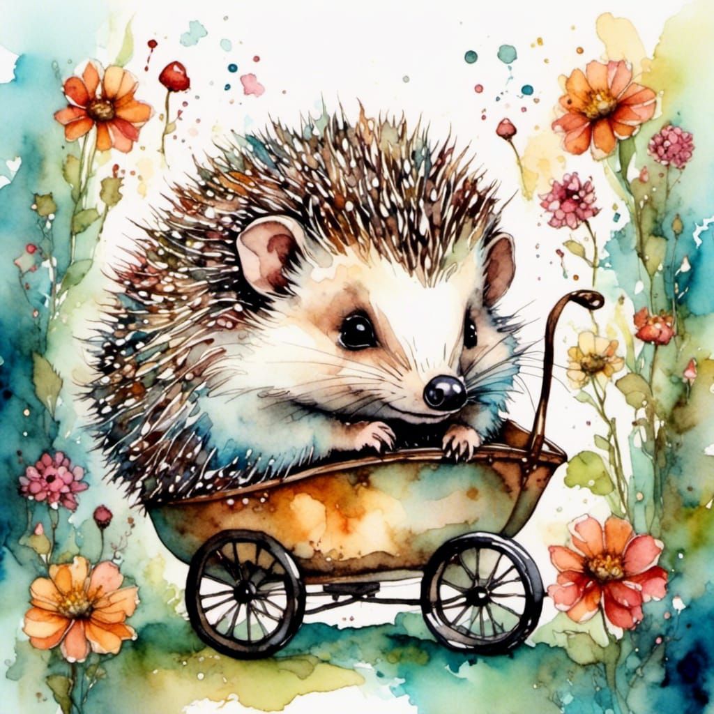 Smiling Hedgehog Drives Buggy: Alcohol-Ink Art