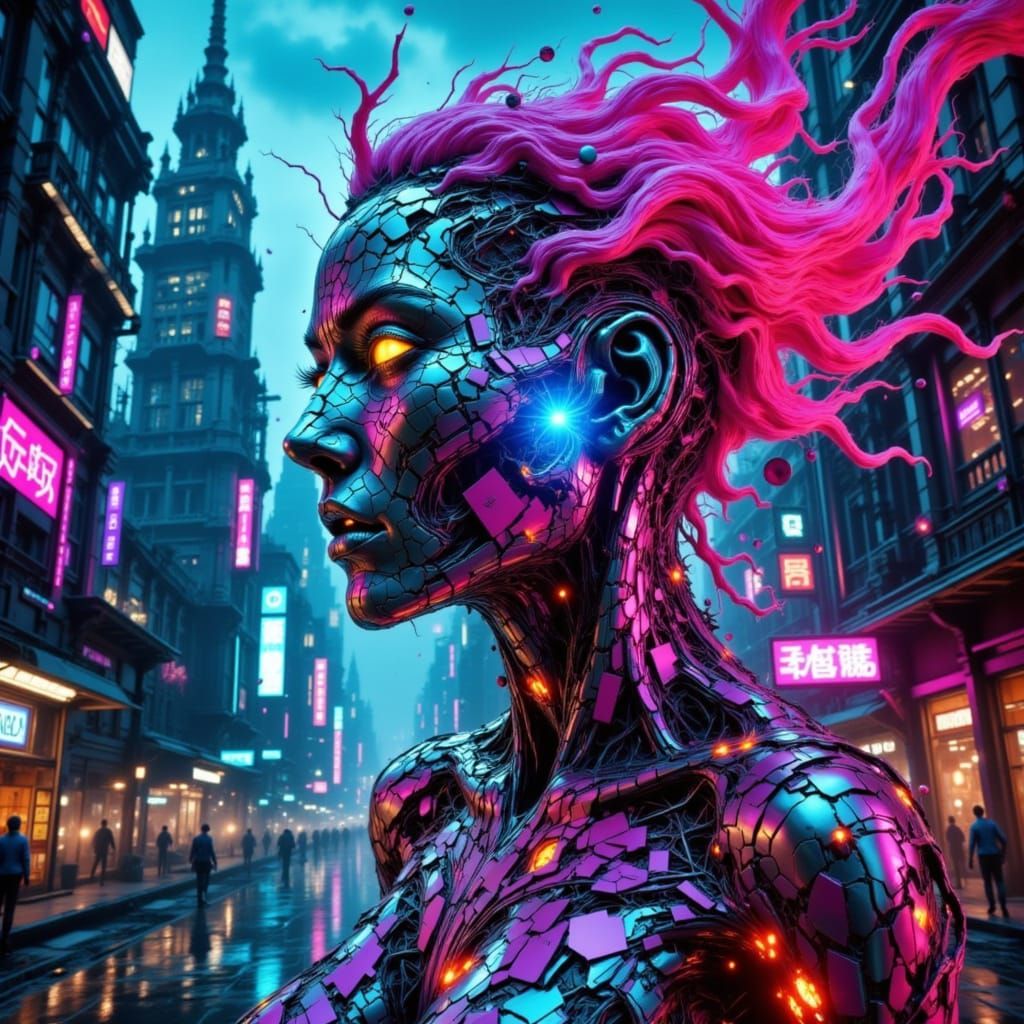 Cyberpunk Cityscape with Fragile Structure