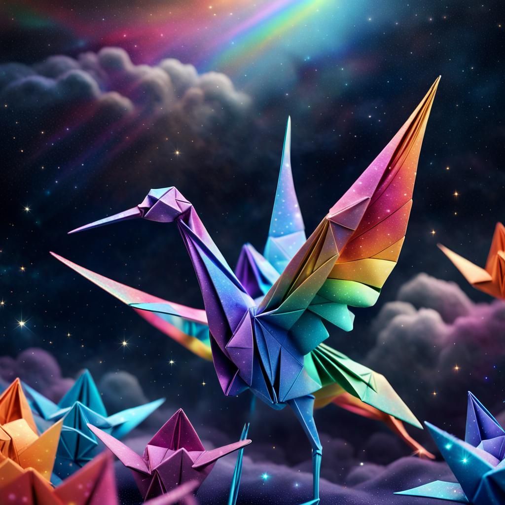 Rainbow Origami Crane in Starry Astral Sky