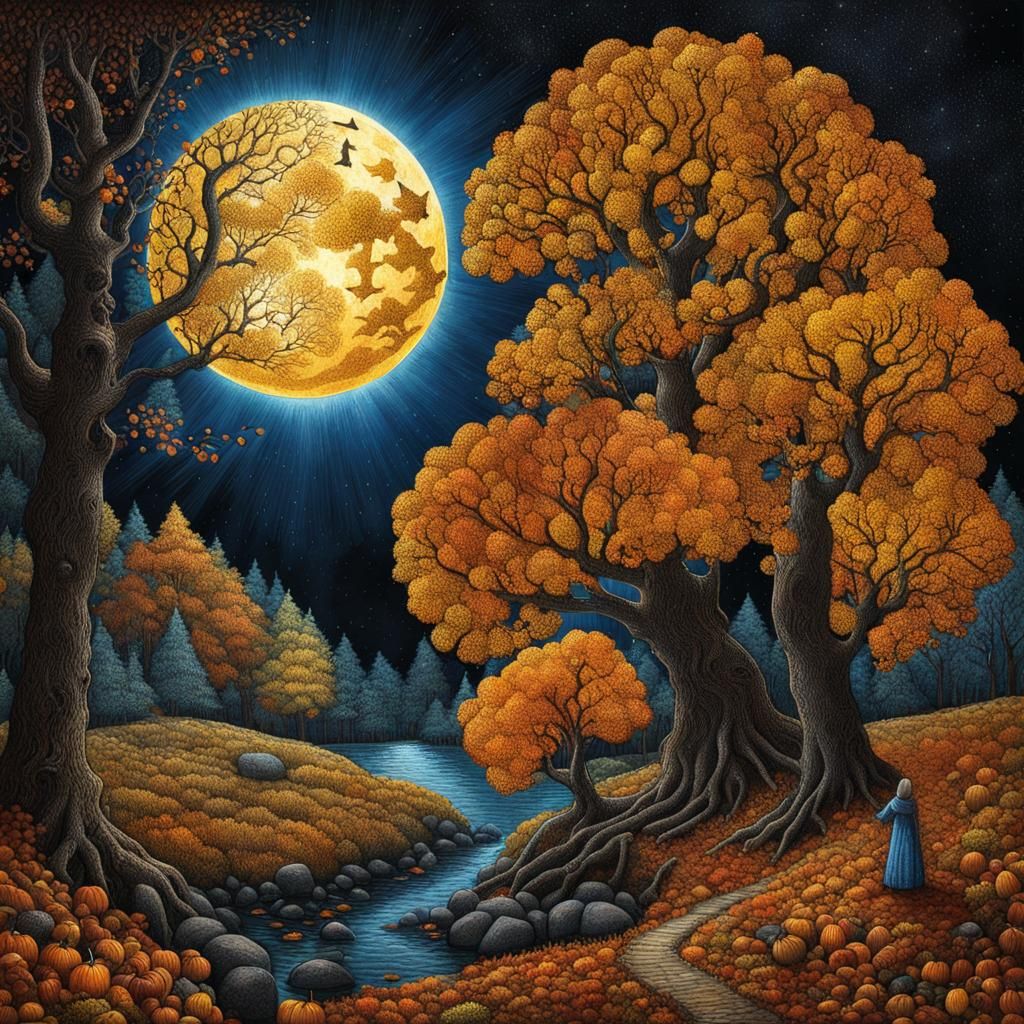 Golden Witch in Autumn Moonlight Collage Illustration