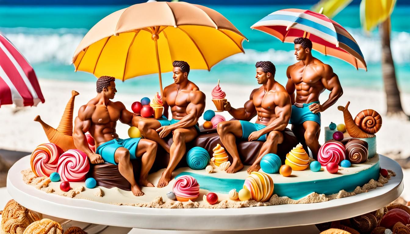 Beach Cake Sculpture with Muscular Men