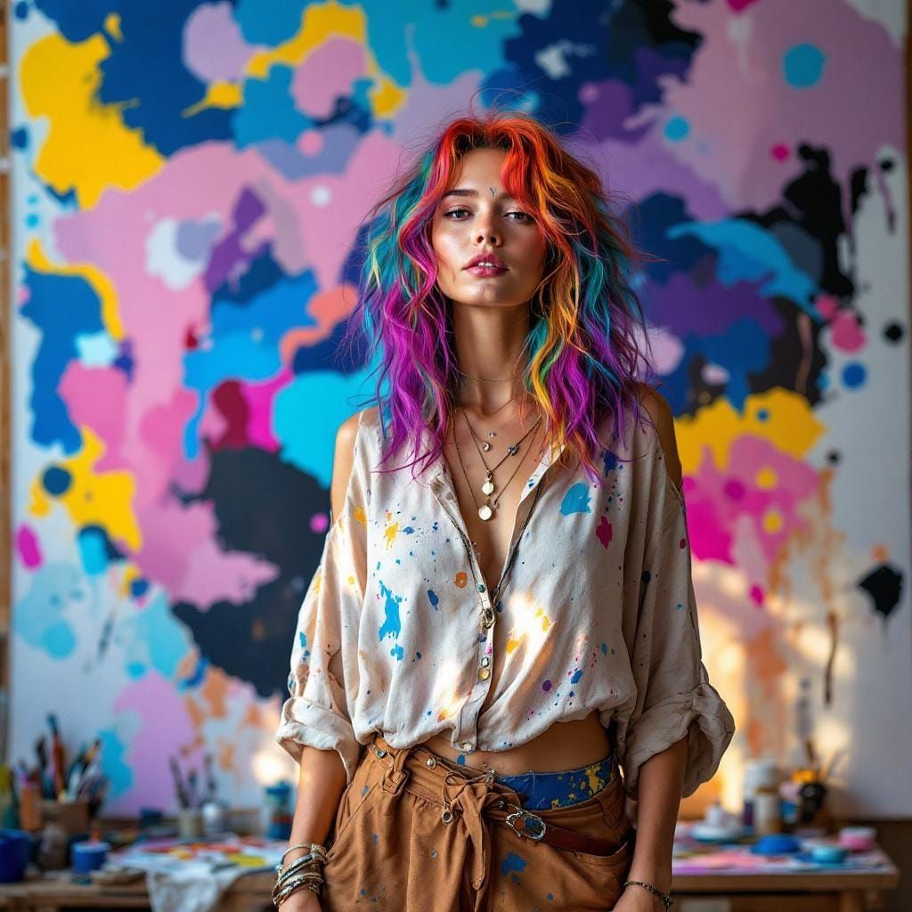 Female Artist in Studio with Vibrant Abstract Painting