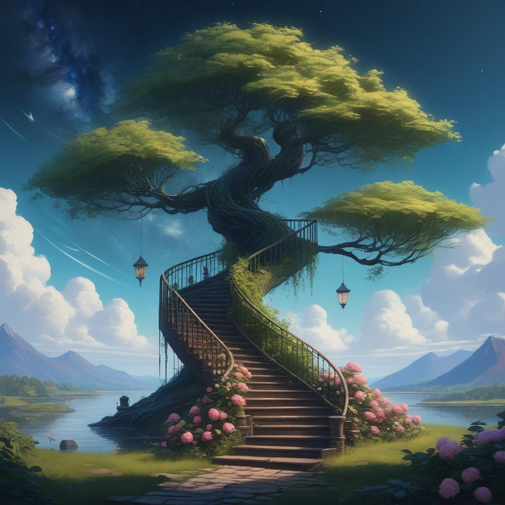 Ethereal Staircase of Nature and Whimsy in Dreamlike Art