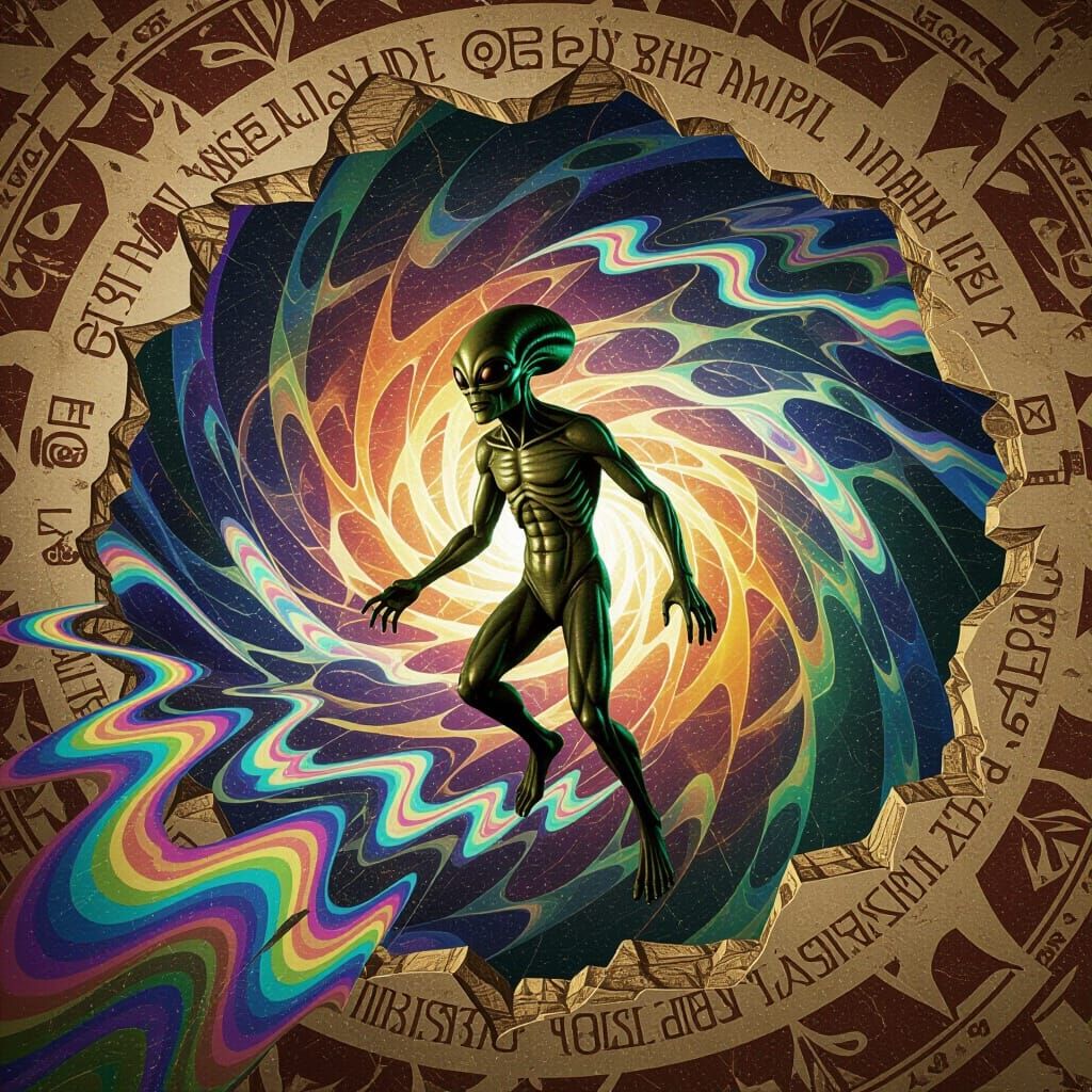 Alien's First Earth Visit in Tribal Petroglyph Style