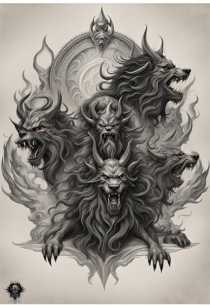 Hades on Cerberus Tattoo Sketch in Black and White