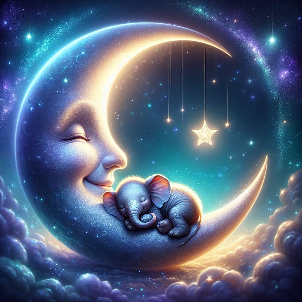Baby Elephant Sleeping on Smiling Crescent Moon
