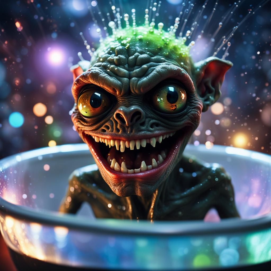 happy chat gremlin vampire alien frown with spotlights and huge dripping tounge