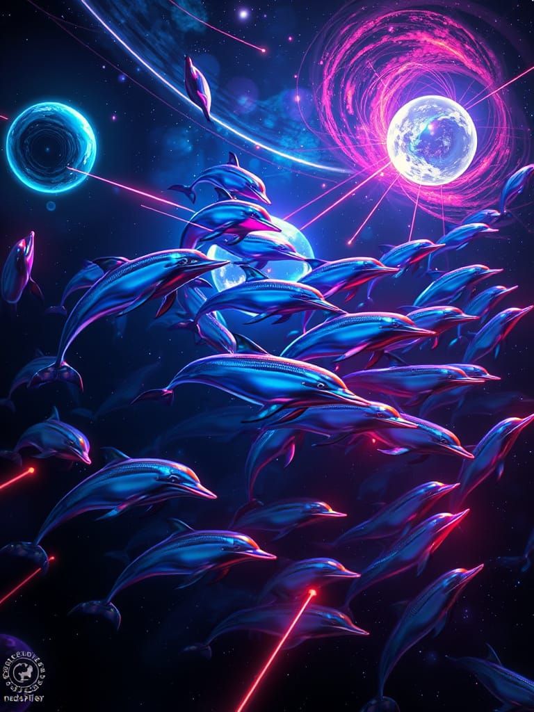 Neon Dolphins in Cosmic Harmony