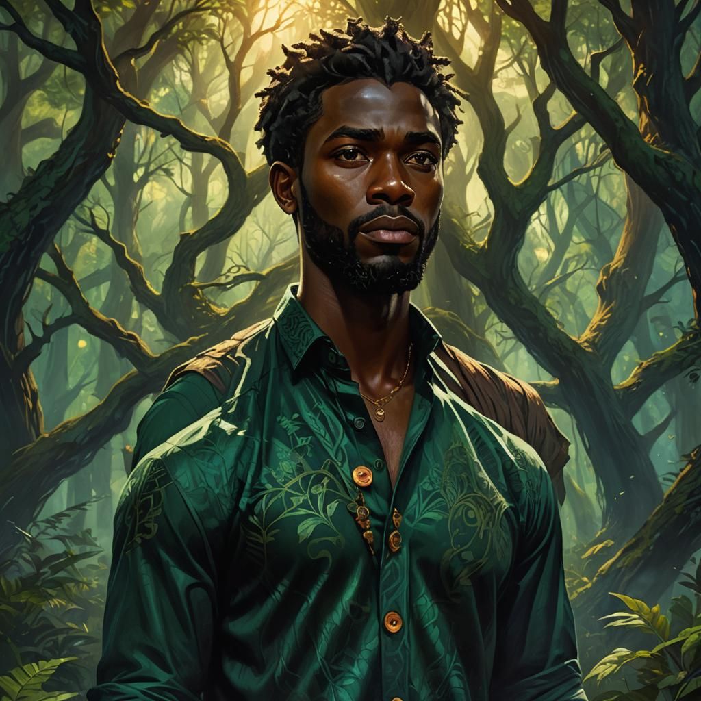 Heroic Black Man in Emerald Green, Dark Fantasy Art