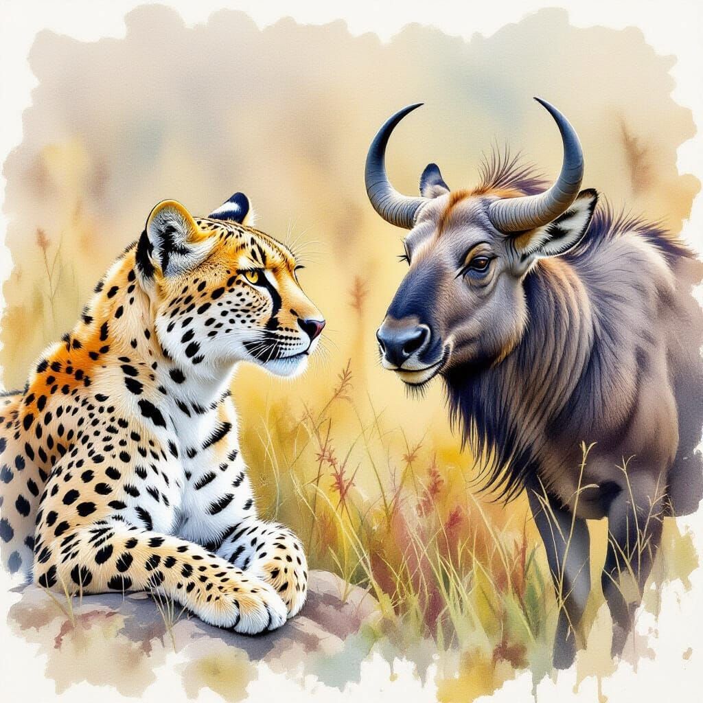 Cheetah Chasing Wildebeest in Realistic Watercolor Style