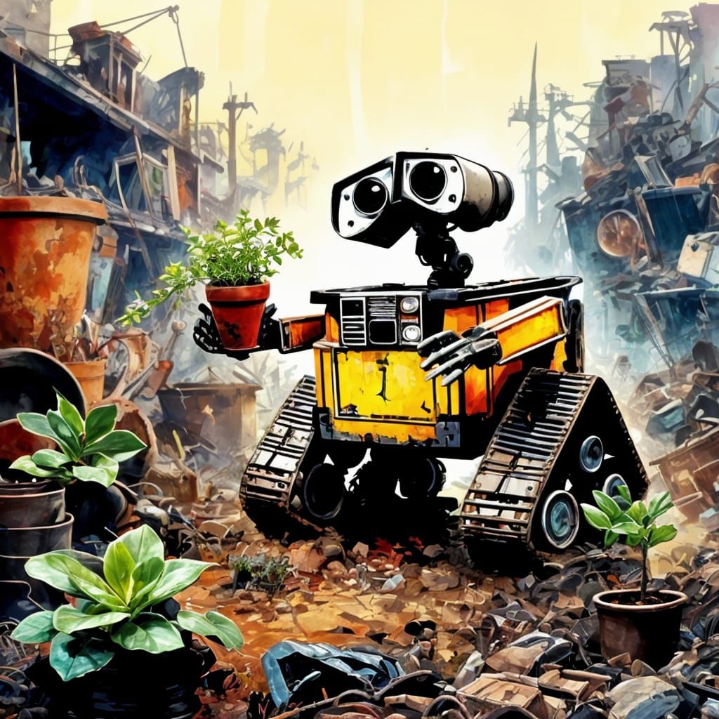 WALL-E Robot in Junkyard: Watercolor Art