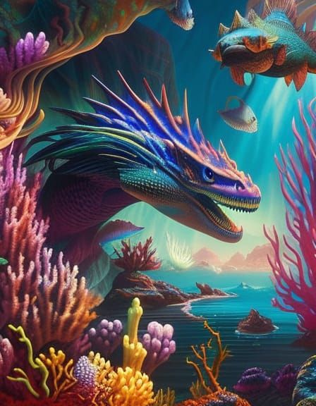 Enchanted Hydra in Underwater Cave, Hyper-realistic Painting