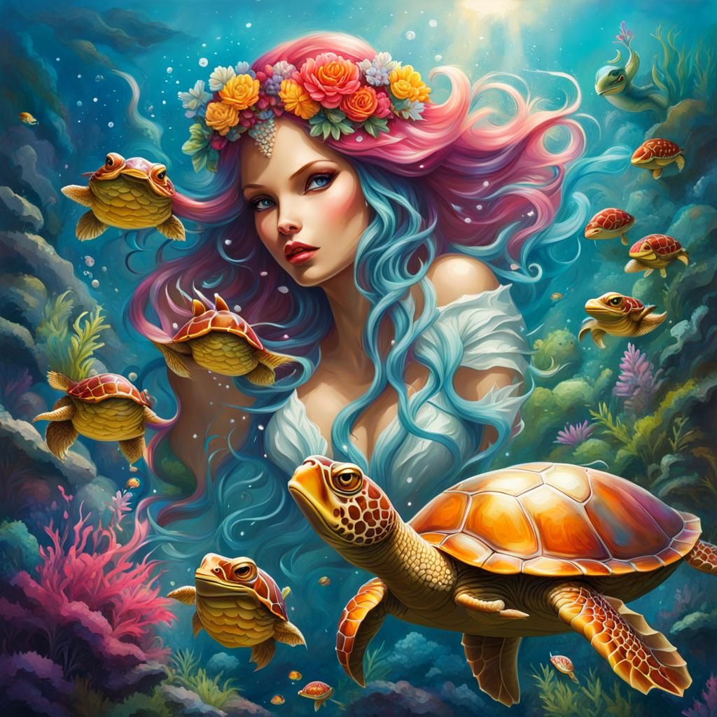 Mermaid Feeding Turtles in Graffiti Splash Art