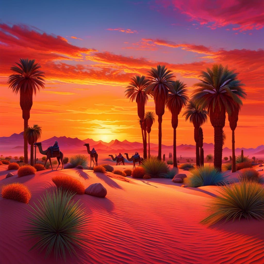 Hyperrealistic Desert Oasis Sunset Panorama