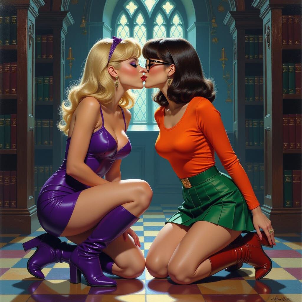 Daphne and Velma Kissing in Spooky Library Painting