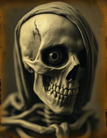 Eerie Witch Skeleton Zombie Portrait in Vintage Horror Style