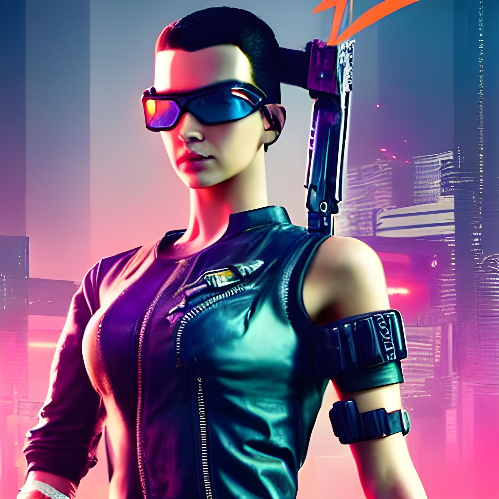 Cyberpunk Girl with Pistol in Neon Cityscape