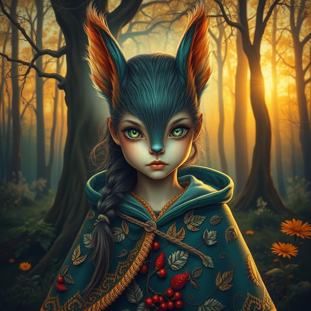 Enigmatic Girl with Squirrel Features in Mystical Forest