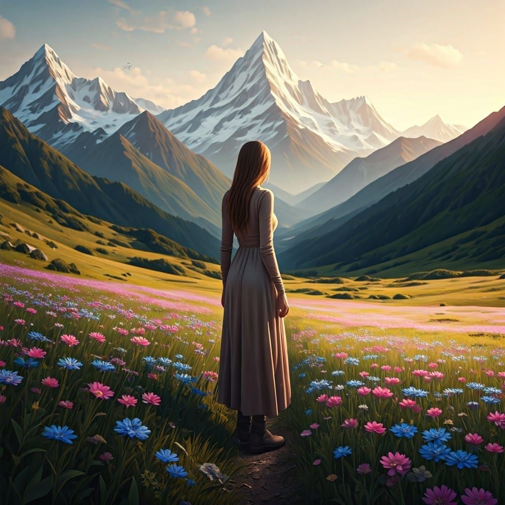 Woman in Mountain Meadow Inspired by Stalenhag