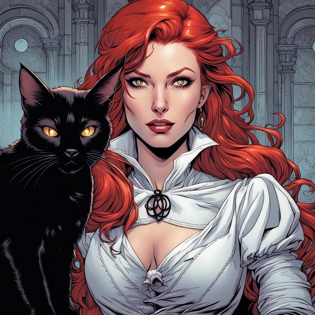 Red-Haired Witch and Black Cat Comic Art