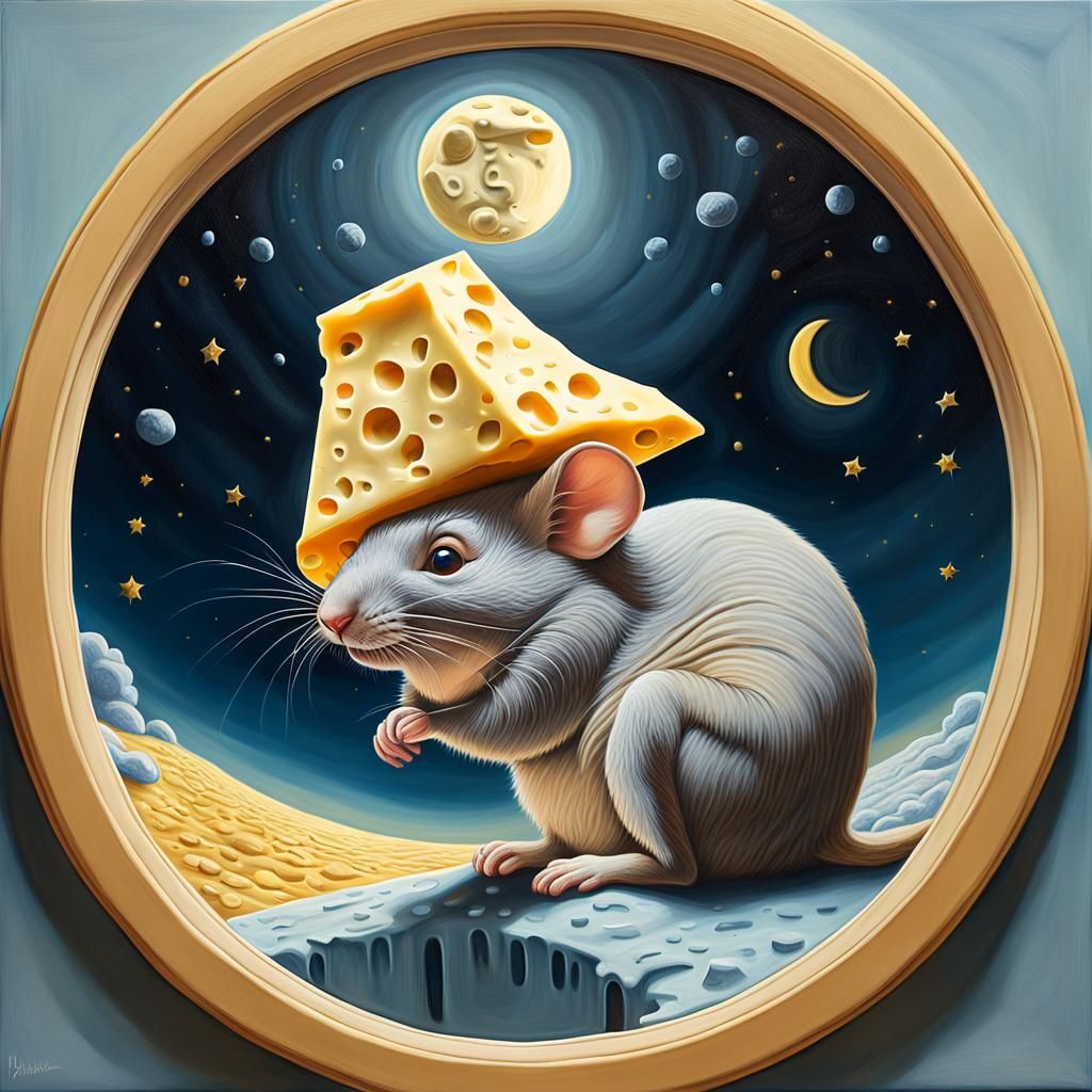Mouse Dreams of Cheese Moon: Surreal Oil Painting