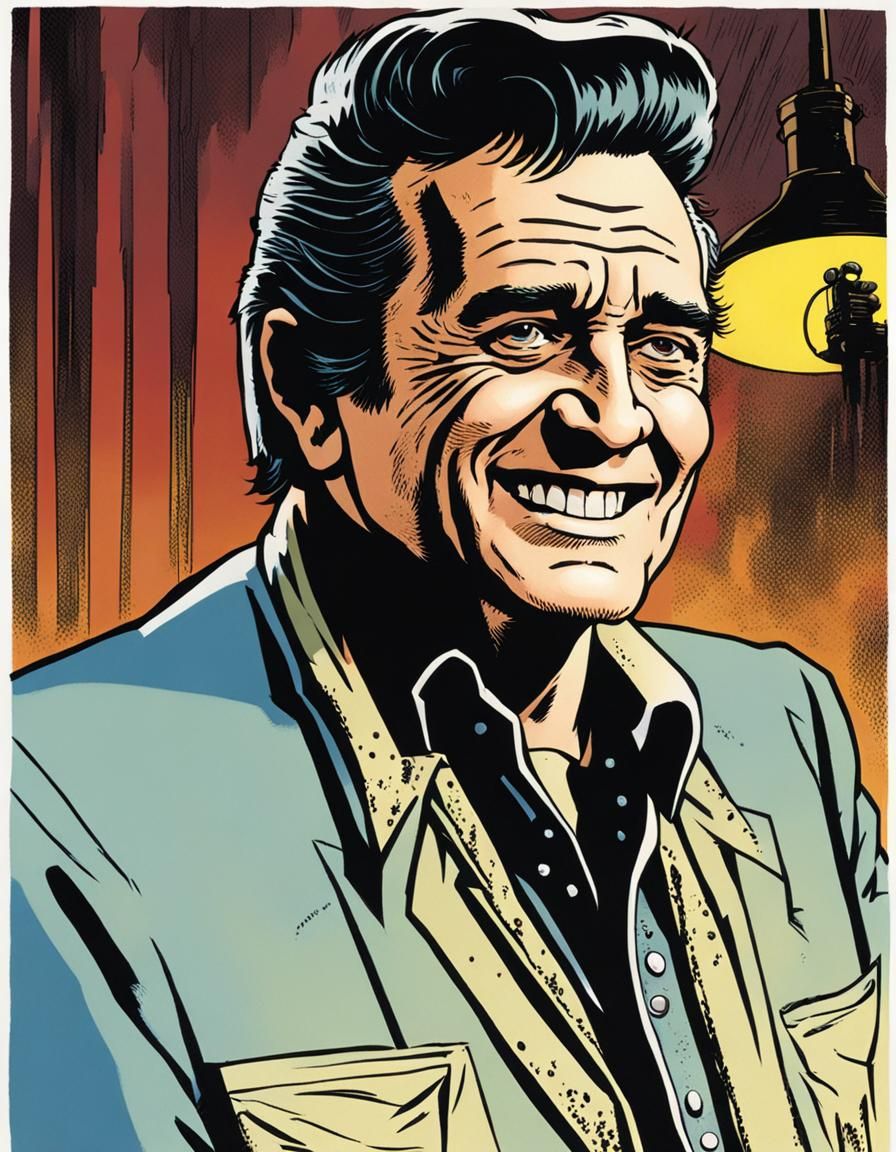 close up-johnny cash,smiling, comic book style