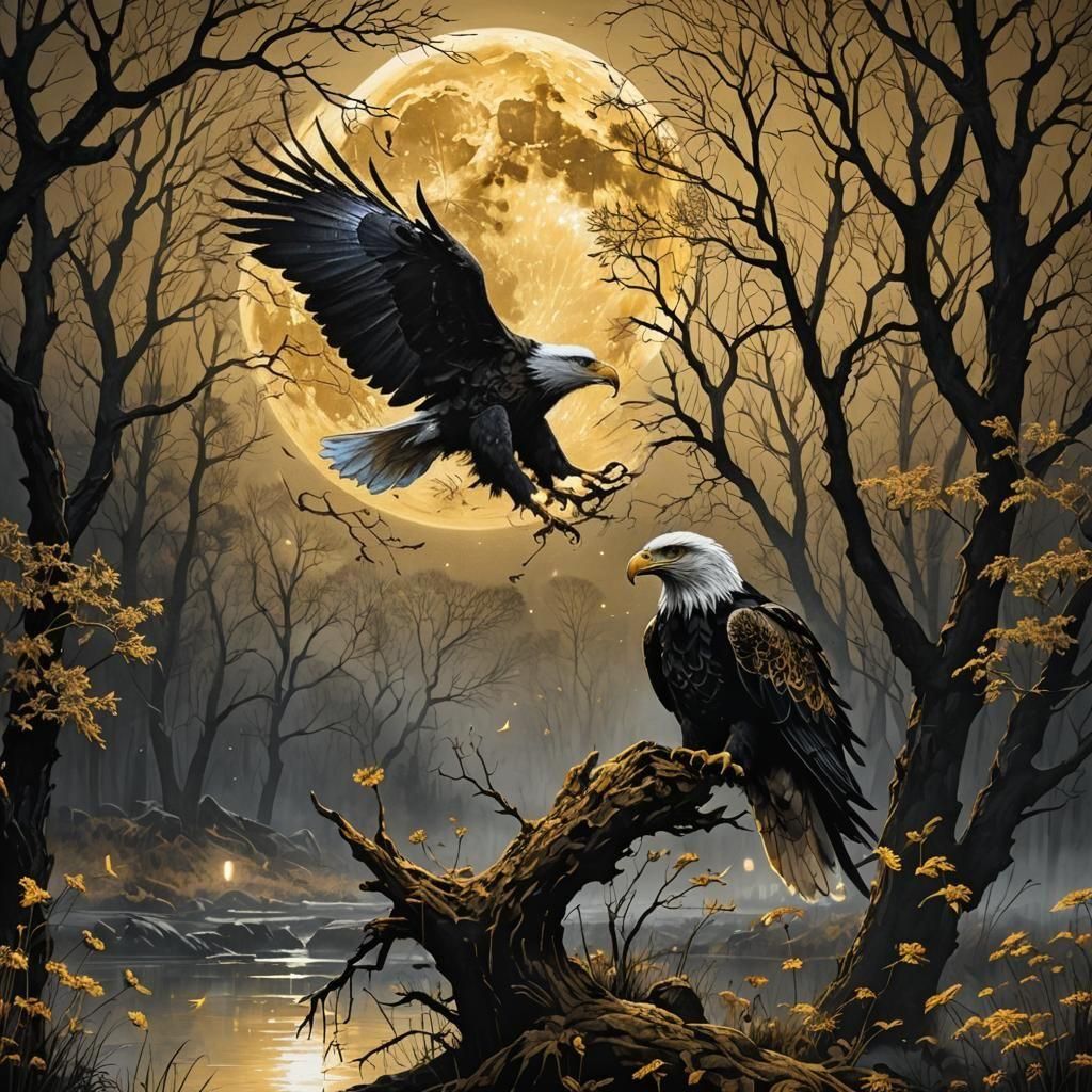 Golden Eagle Silhouette Under Moonlit Lace Art