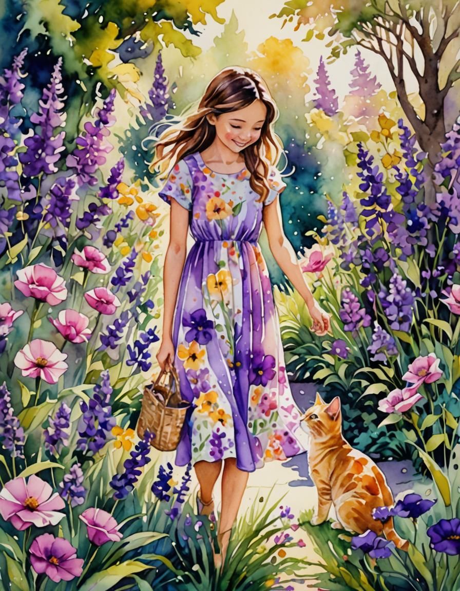 Girl and Cat in Garden: Watercolor Pastel Art