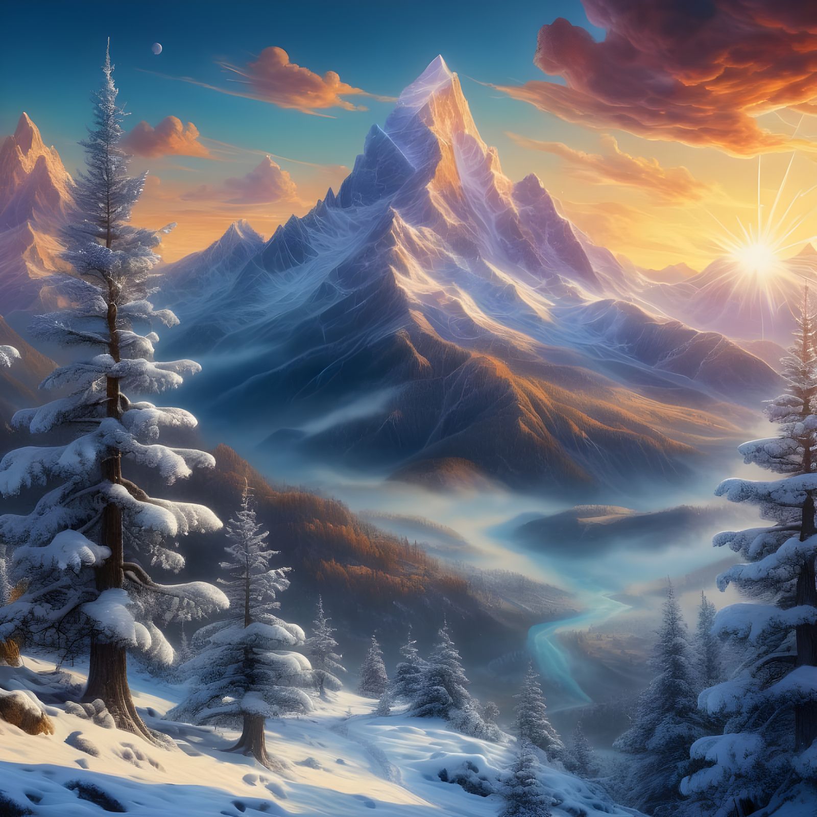 Cosmic Mountain Valley in Ethereal Morning Light