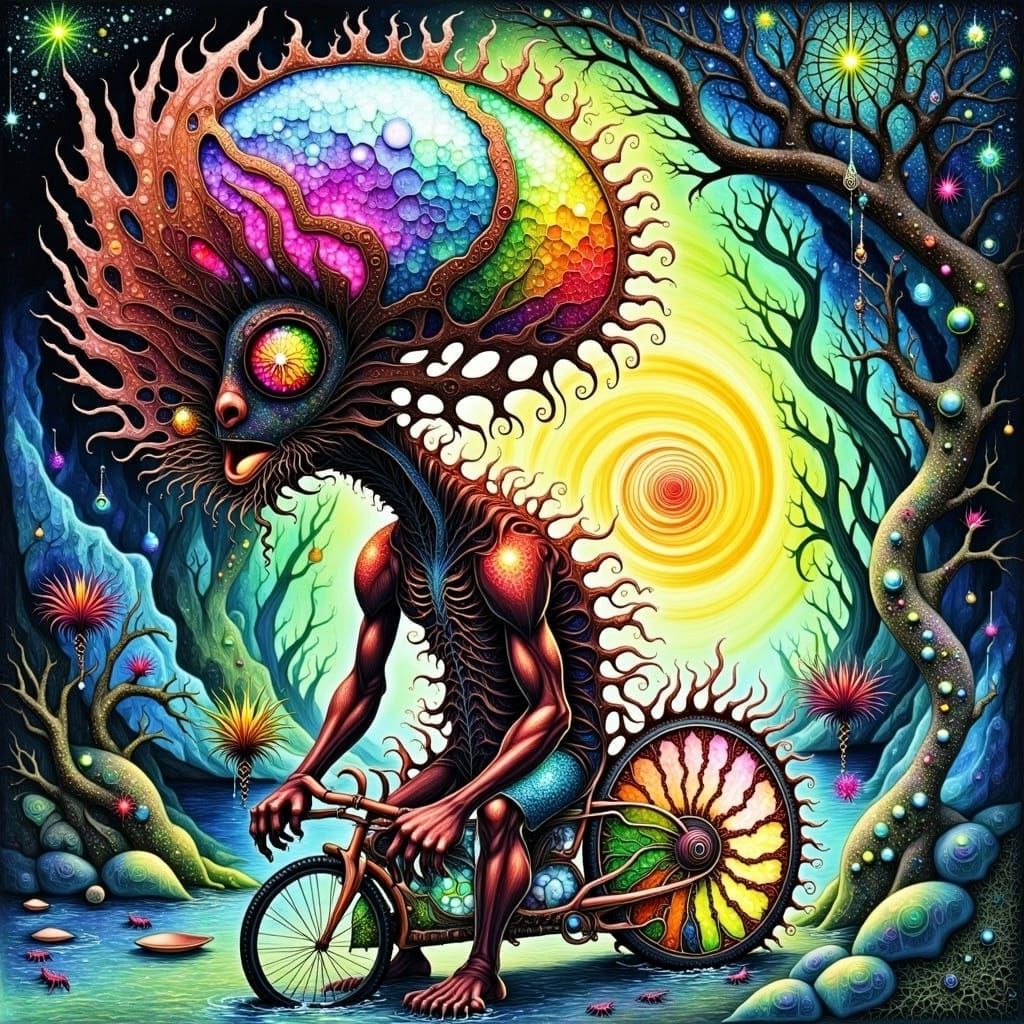 Surreal Monster Beast on Bicycle, Alcohol Inks