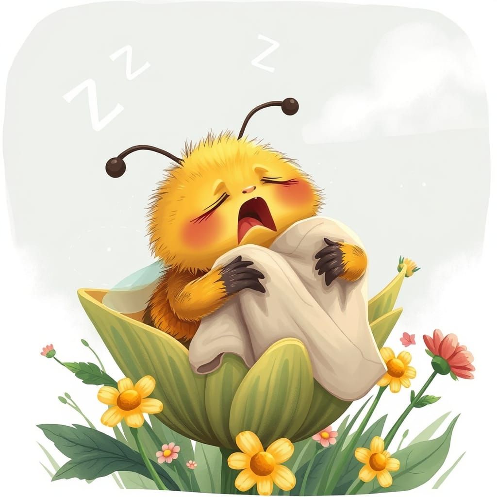 Sleepy Cartoon Bumblebee Yawning in Wildflower