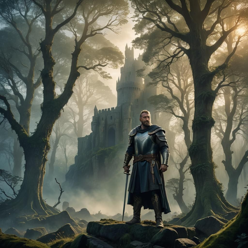 King Arthur in Mystical Forest with Excalibur