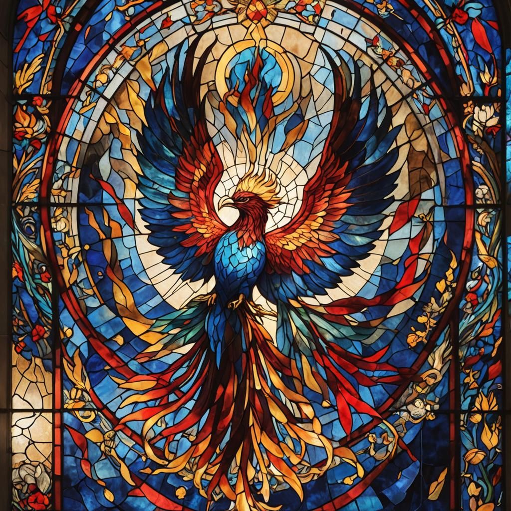 Phoenix Rising: Gothic Stained Glass Window Art