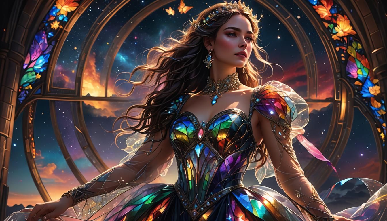 Woman in Glass Dress Against Night Sky