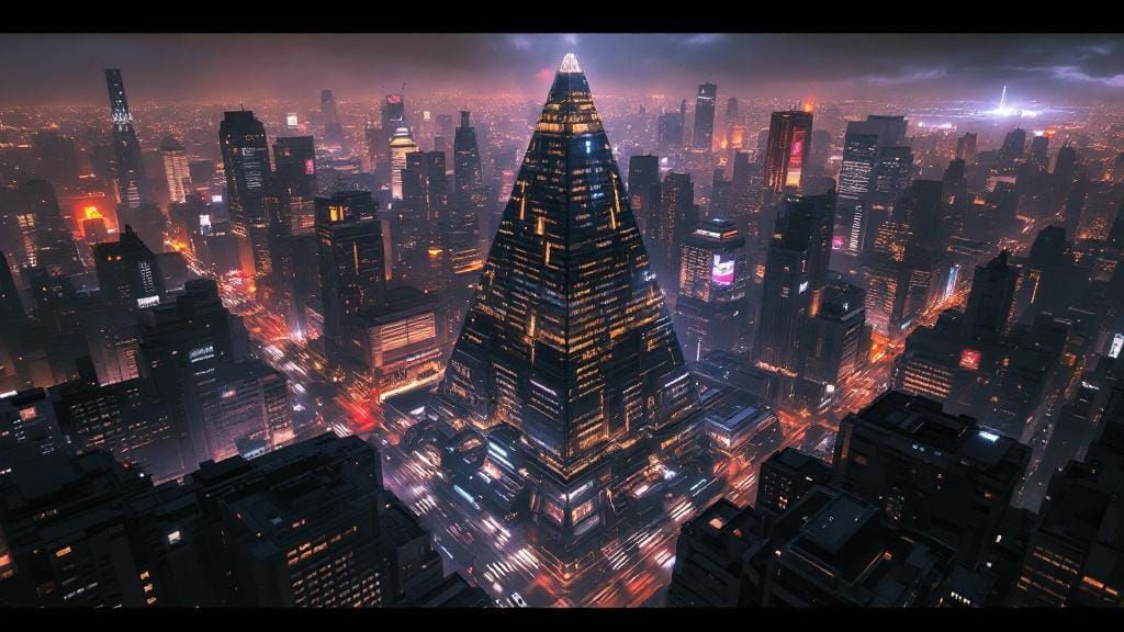 Neon Pyramid Cityscape in Cyberpunk Style