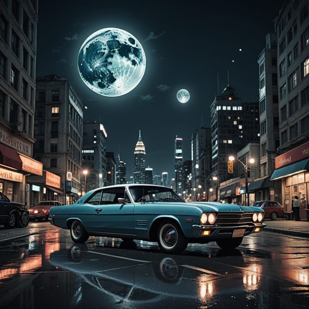 Vintage Car in Futuristic City Under Full Moon