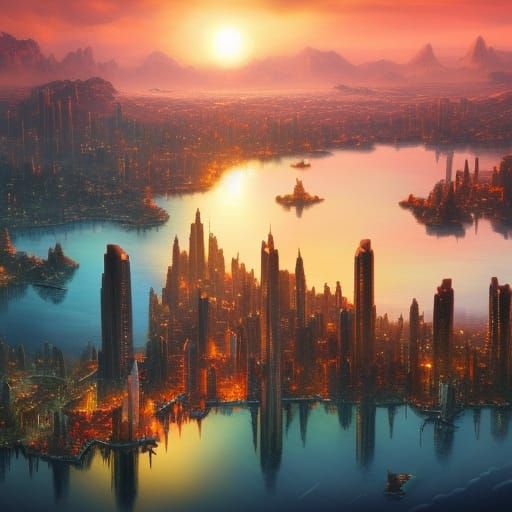 Fantastical Cityscape Sunset: Detailed Matte Painting