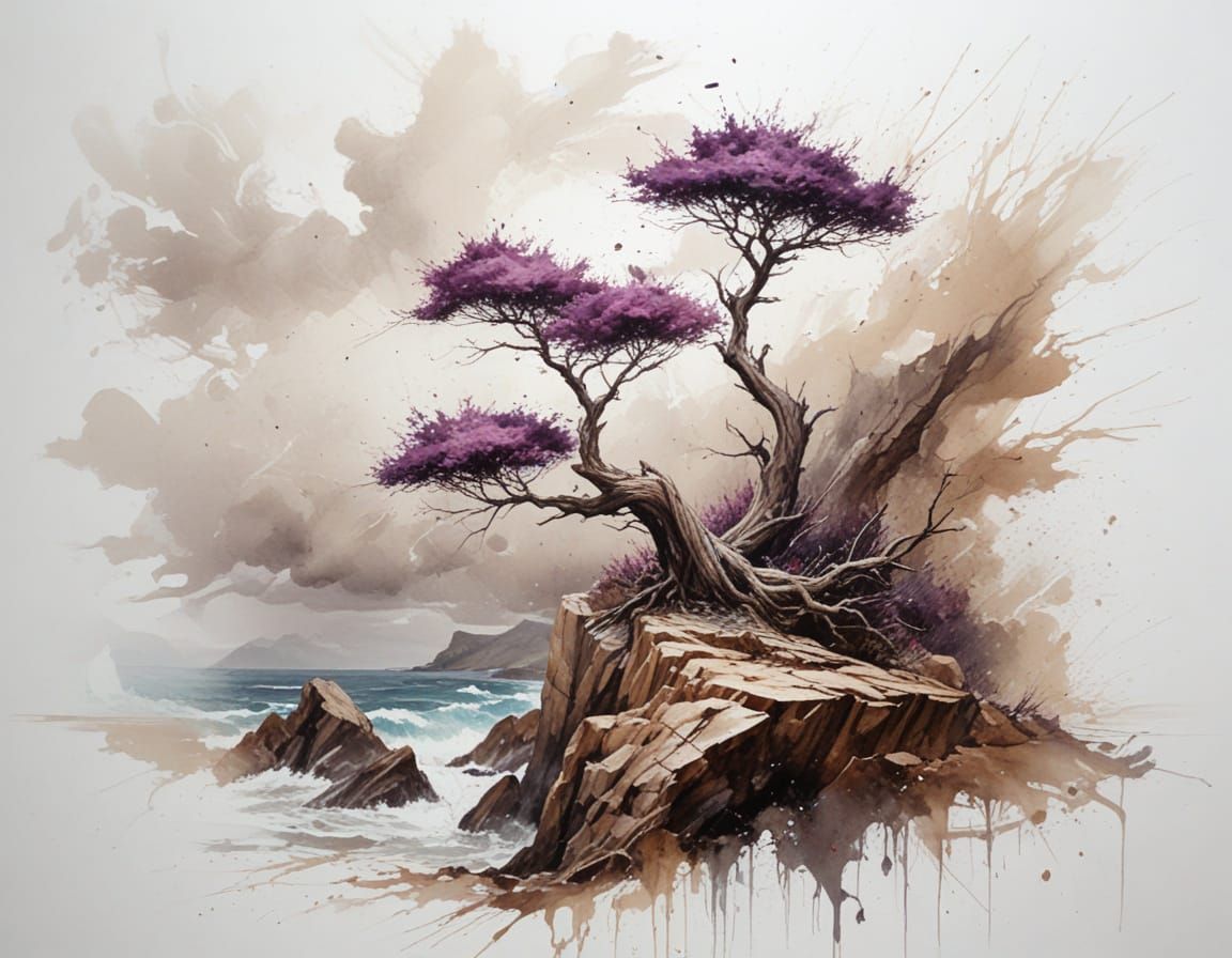 Windswept Tree on Jagged Cliff, Painterly Realism